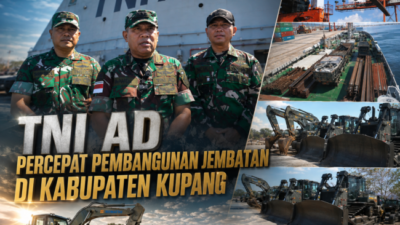Kasrem 161/Wira Sakti Kolonel Inf. Albertus Yostina David Alam bersama personel TNI AD meninjau kedatangan Kapal ADRI LIII yang membawa alat berat dan material konstruksi untuk percepatan pembangunan empat jembatan di Kabupaten Kupang, Nusa Tenggara Timur.