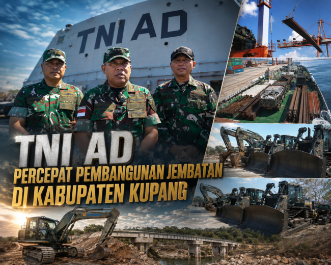 TNI AD Percepat Pembangunan Empat Jembatan di Kabupaten Kupang, Material dan Alat Berat Tiba di Kupang 1 Kasrem 161/Wira Sakti Kolonel Inf. Albertus Yostina David Alam bersama personel TNI AD meninjau kedatangan Kapal ADRI LIII yang membawa alat berat dan material konstruksi untuk percepatan pembangunan empat jembatan di Kabupaten Kupang, Nusa Tenggara Timur.