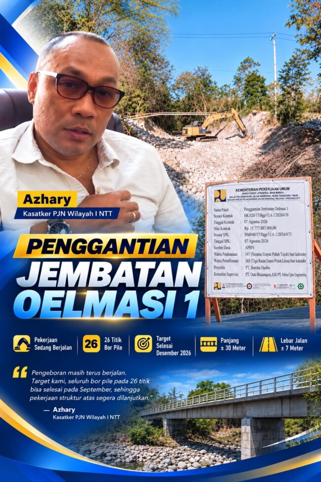 Penggantian Jembatan Oelmasi I Mulai Dibangun, 26 Titik Bor Pile Dikebut dan Ditargetkan Rampung Desember 2026 2 Pembangunan Jembatan Oelmasi I di Kabupaten Kupang, Nusa Tenggara Timur (NTT) mulai dikebut.